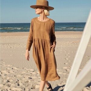 sauths Gigi Linen Blend Dress / Medium / Caramel / Loose Fitting Lagenlook
